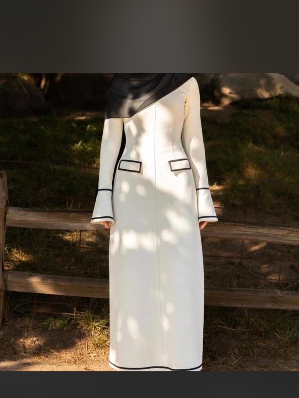 Elegant Cream Long Sleeve Maxi Dress with Black Trim